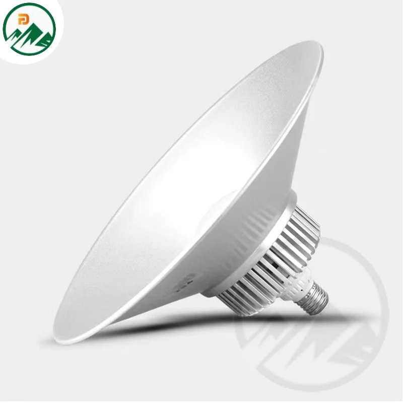 Side view of the high bay light showing the silver finish and mounting hardware