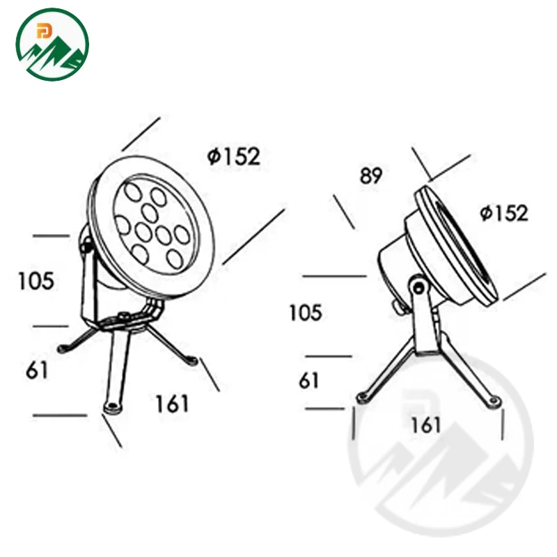 Dimension drawing of the D152 x H89 mm underwater fixture with mounting details