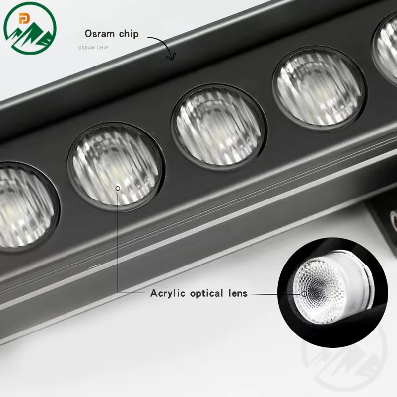 Close-up of the die-casting aluminium body and tempered glass lens on the wall washer