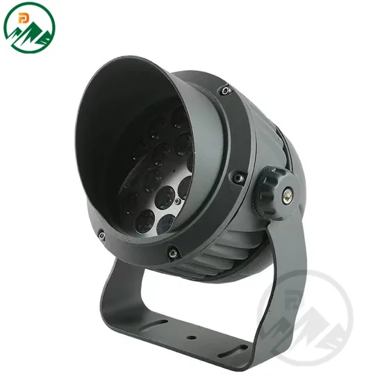 18W LED flood light with snoot mounted on a bracket, showing beam control feature