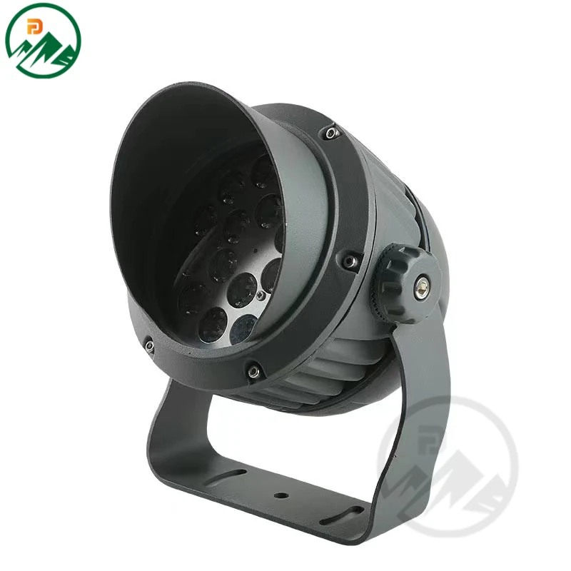 18W LED flood light with snoot mounted on a bracket, showing beam control feature
