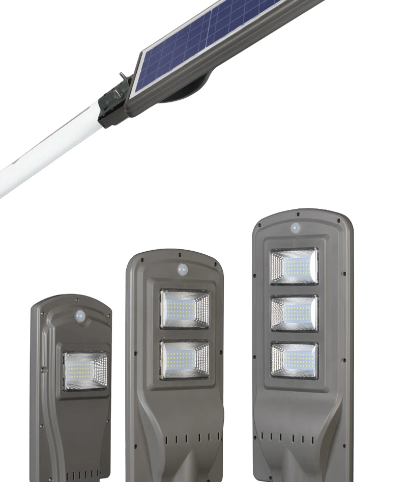 Side view of the solar street light showing the 290 x 170 mm solar panel and 400 x 200 mm lamp body