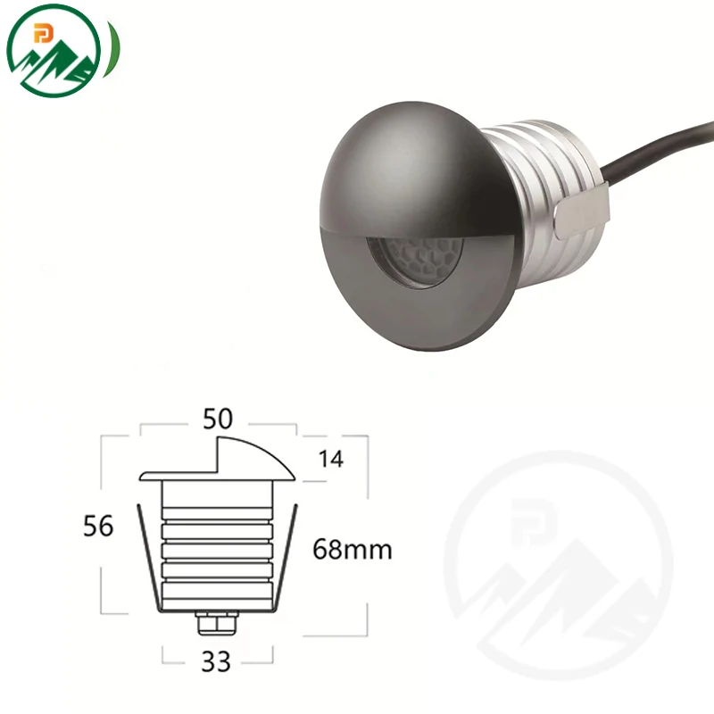 Dimension drawing showing D50 x H68 mm body and D33 mm cut-out for the underground light