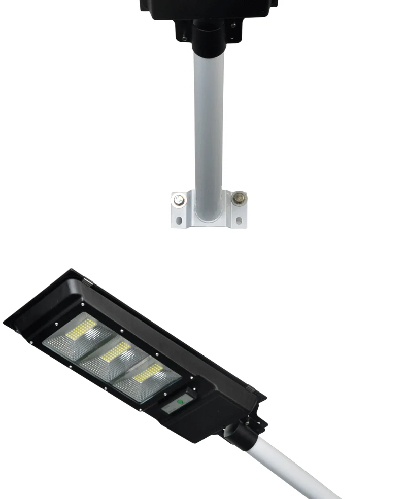 Solar street light installed on a pole with the solar panel facing upward to capture sunlight