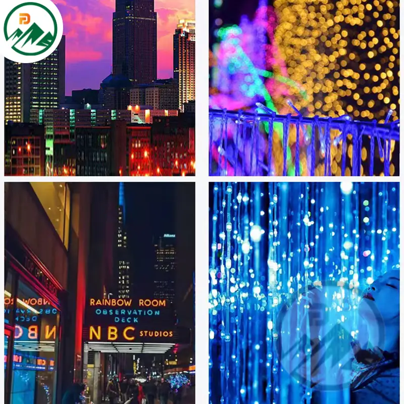 Installation view of multiple point lights on a facade with programmed colour sequences