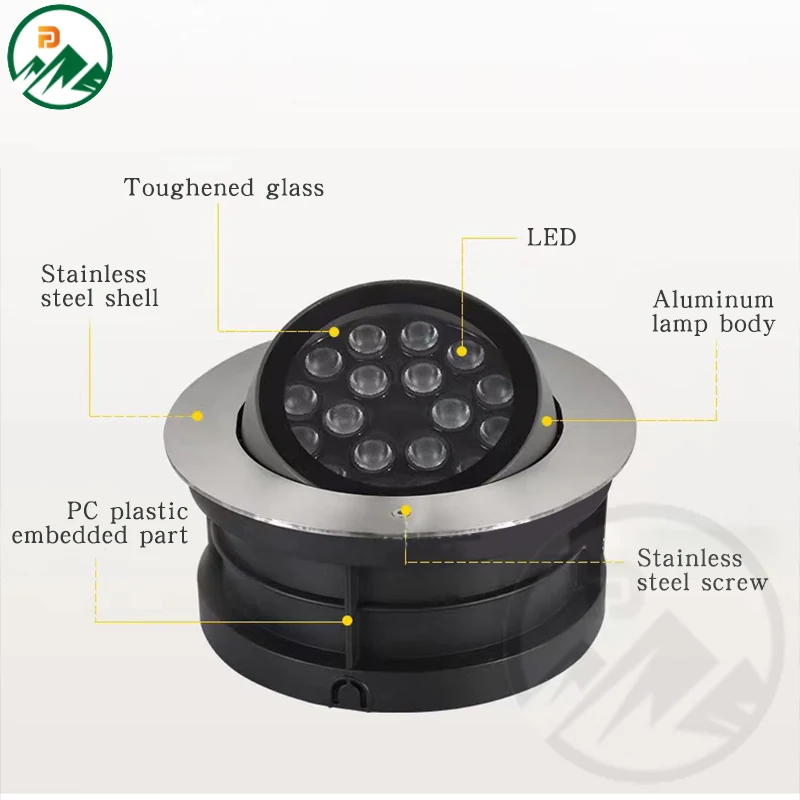Close-up of the stainless steel 304 cover and tempered glass lens on the underground light