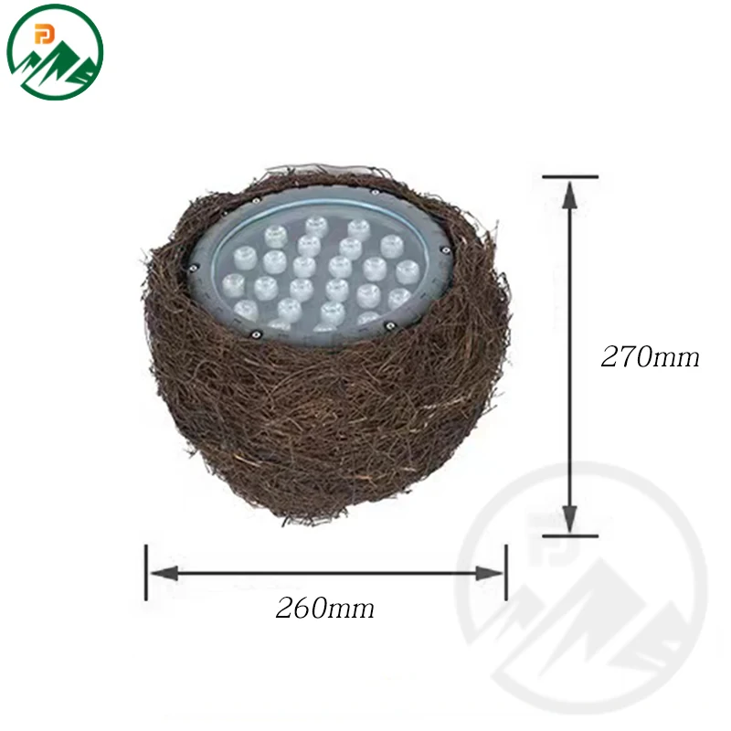 Tree spot light mounted on a tree trunk with the rattan cover visible and beam angle directed upward