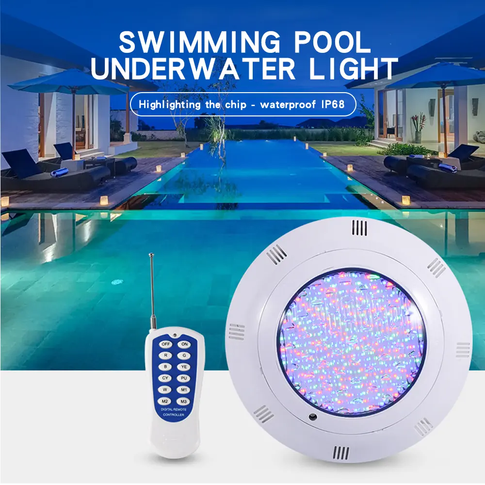LED pool light installed in a residential swimming pool at night