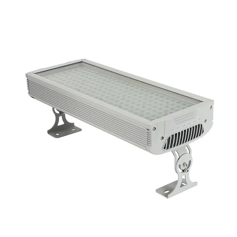Side view of the LED flood light showing the L540 x W210 x H208 mm dimensions and die-casting aluminium body