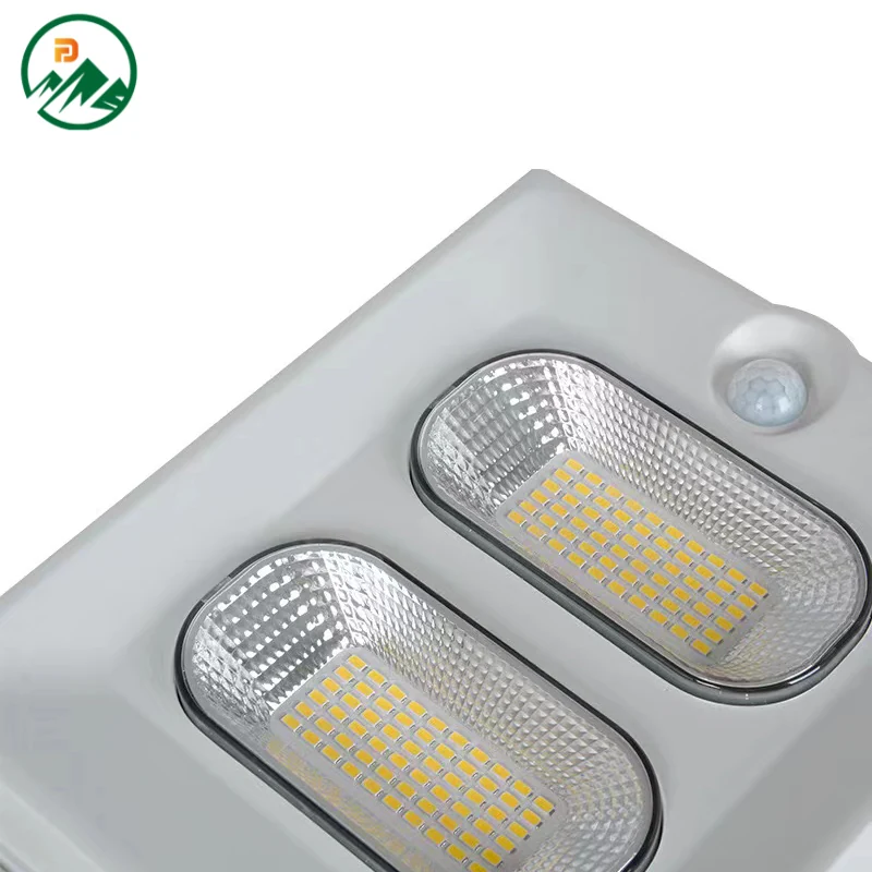 Top view of solar flood light with solar panel and mounting bracket