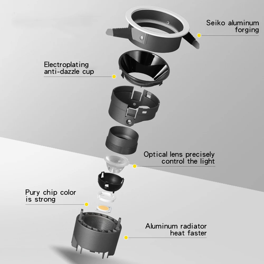 Close-up of the polycarbonate diffuser and aluminium body of the down light