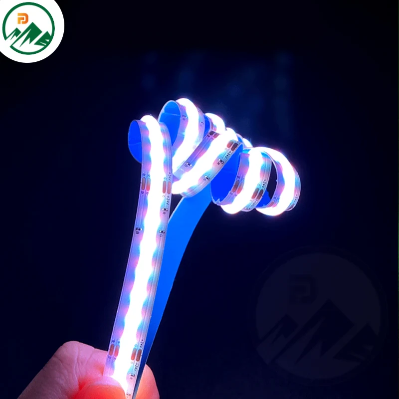 Close-up of the flexible LED strip showing individual RGB LEDs and copper conductor