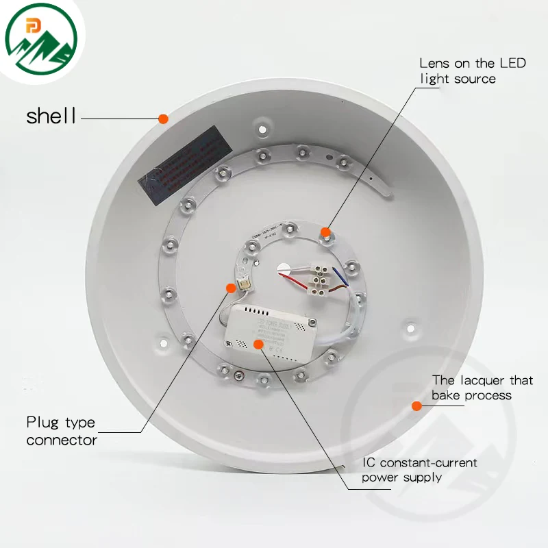 Close-up of the acrylic diffuser and iron housing on the round ceiling panel