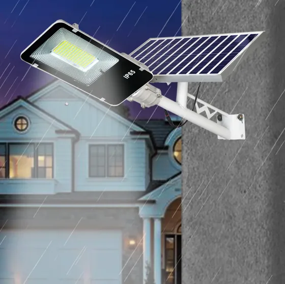 Solar street light FD-JD-10 with integrated solar panel and battery, mounted on a pole