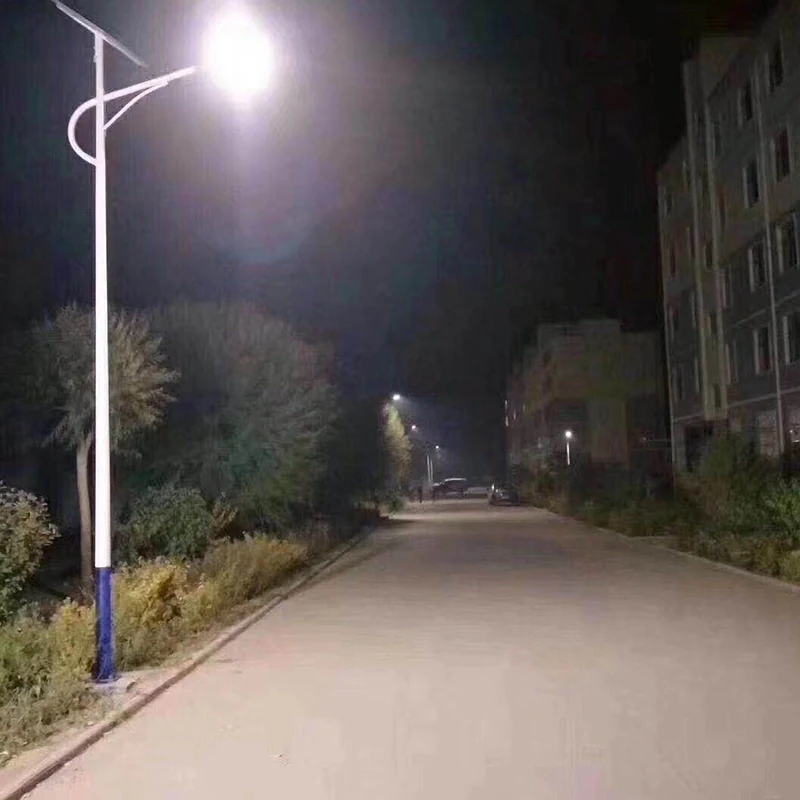 A solar street light running on its own panel and battery, with no mains distribution
