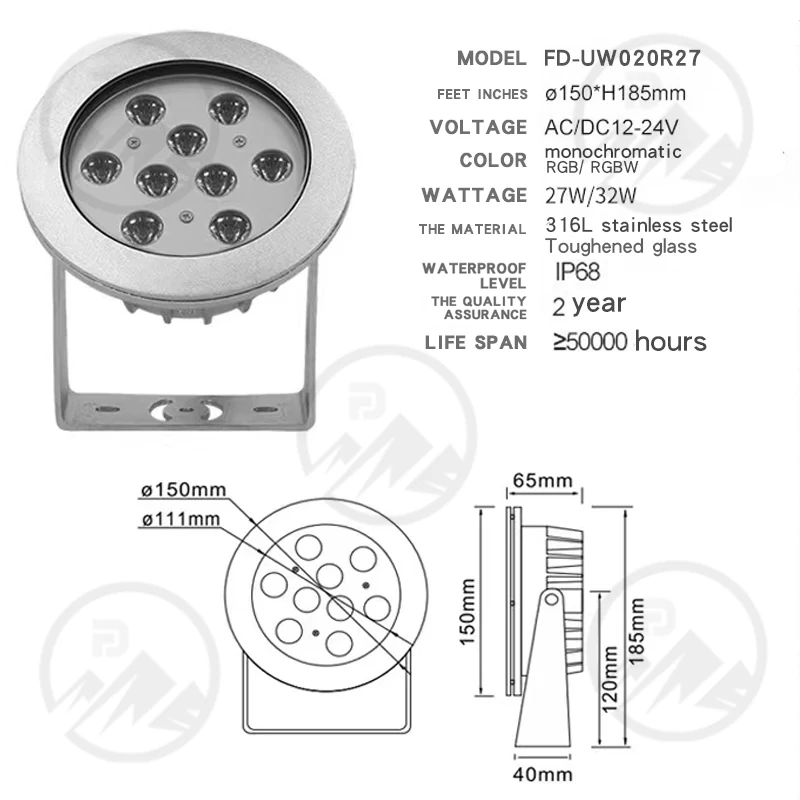 Detail of the D150 x H185 mm fixture with sealed gasket and lens