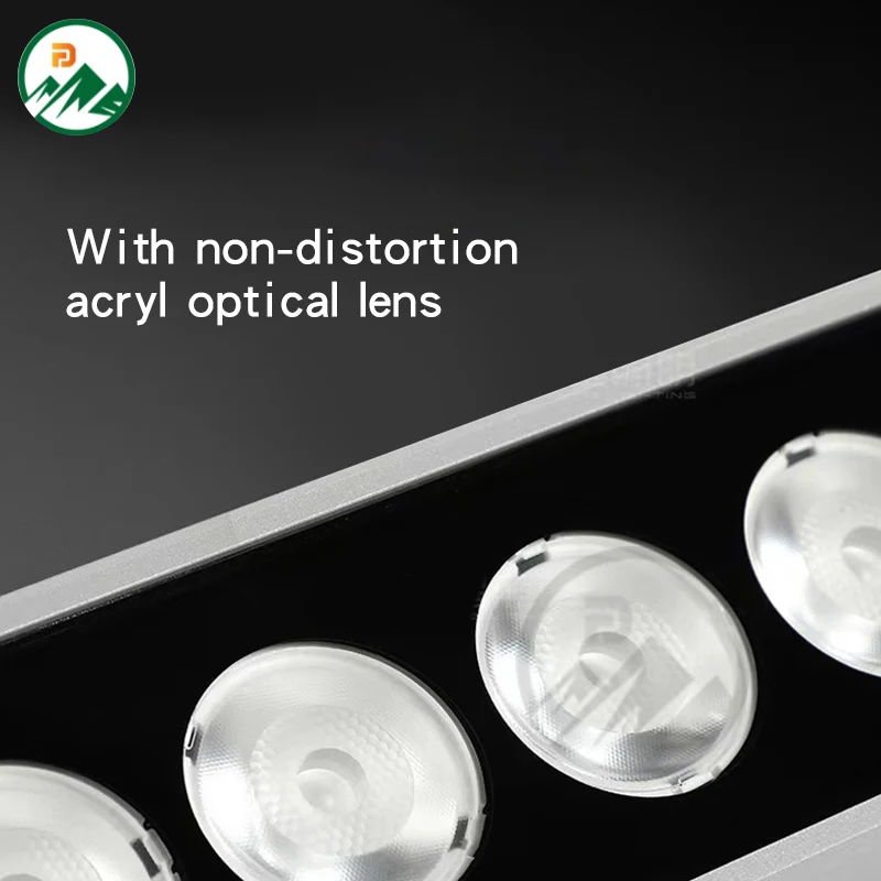 Front view of the LED wall washer showing the linear light output and clean lens surface