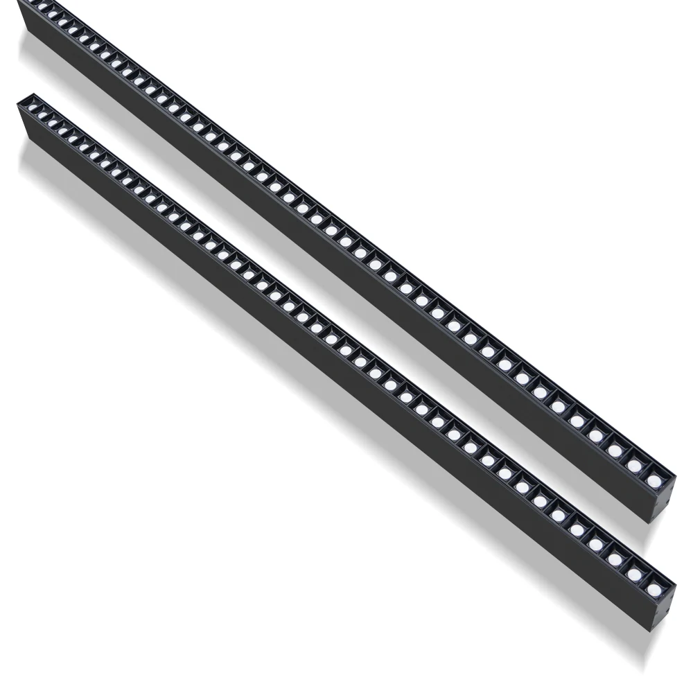 Side view of the suspended linear light showing mounting hardware