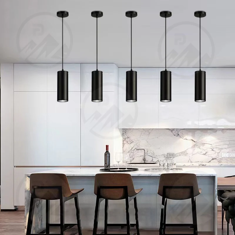Suspension LED down light in black finish, mounted on a ceiling