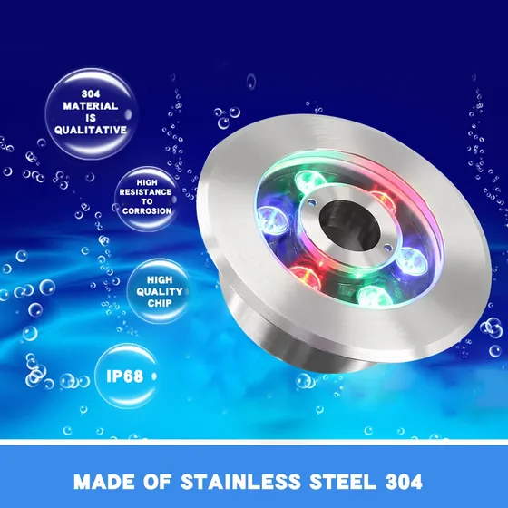 Underwater LED fountain light with stainless steel 304 body and tempered glass lens