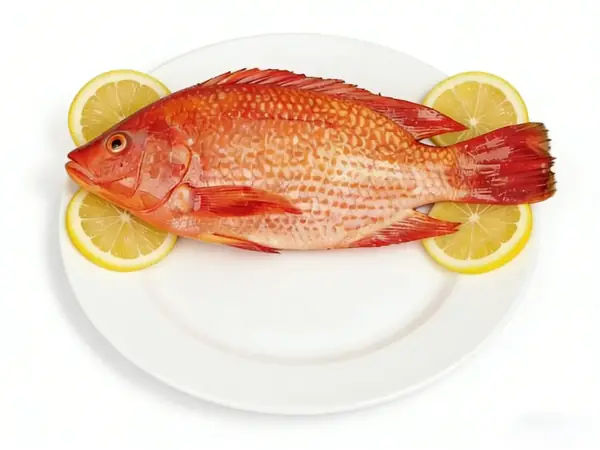 Whole red tilapia plated with lemon slices showing bright red skin
