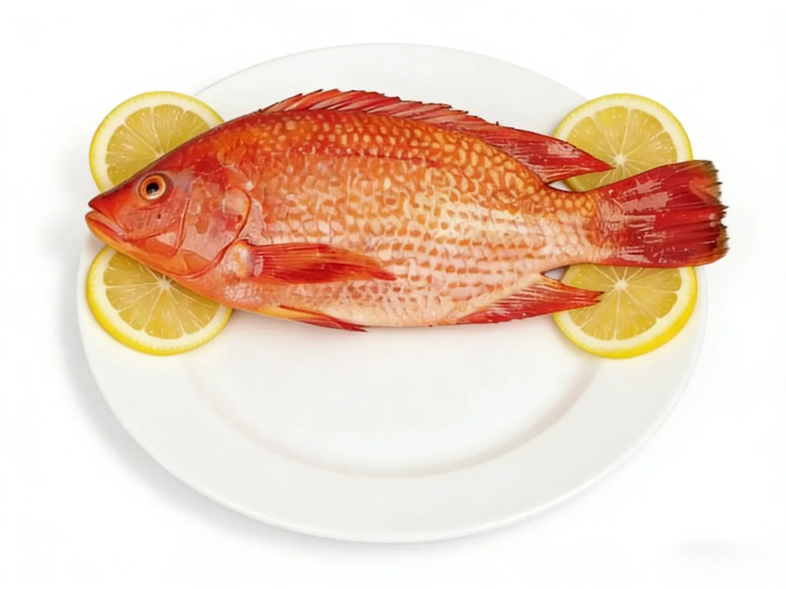 Whole red tilapia plated with lemon slices showing bright red skin
