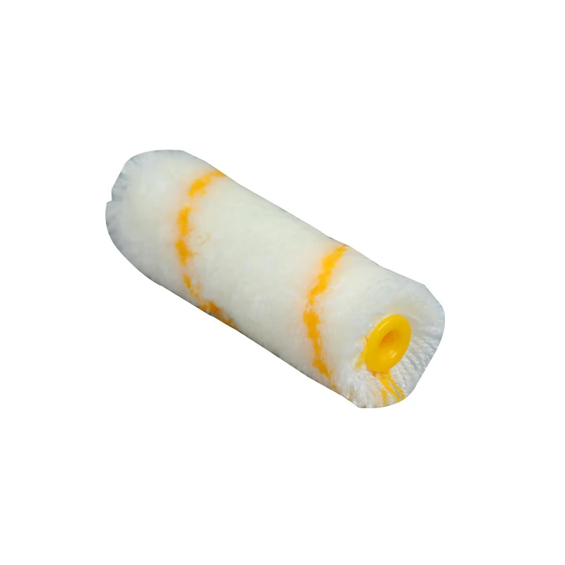White fabric paint roller cover with yellow stripes and yellow plastic end core on white background