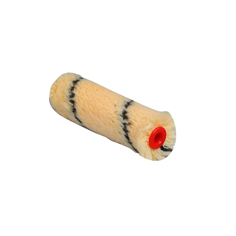 Yellow fabric paint roller sleeve with striped nap and red plastic core on white background