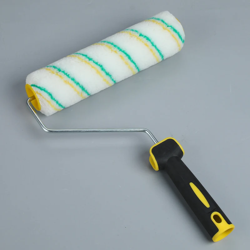 7 inch acrylic paint roller with yellow and green striped cover and black handle