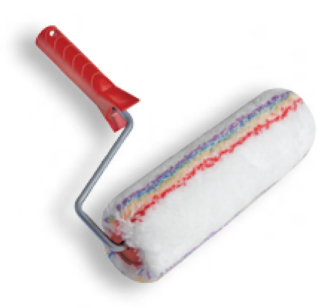 Paint roller with red handle and white roller cover with multicolored stripe on a bent wire frame
