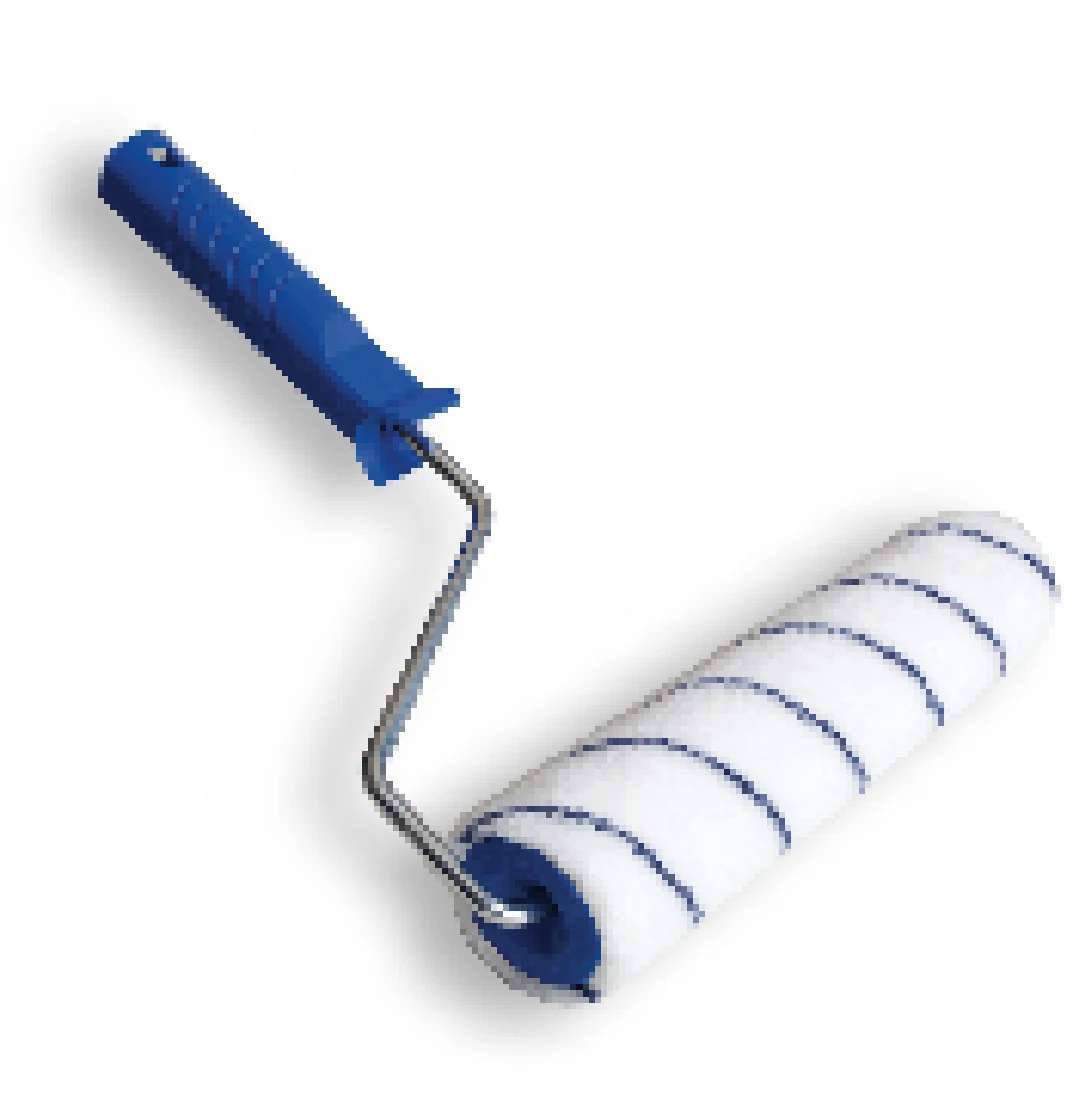 Paint roller with blue handle and white fabric cover with blue stripes on white background