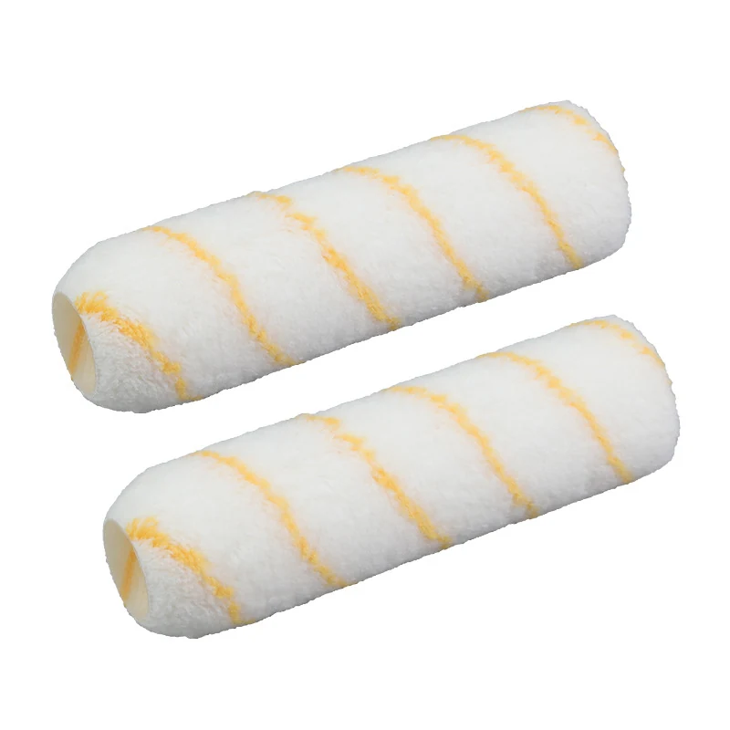 Two white paint roller covers with yellow spiral stripes