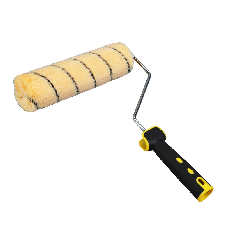 Paint roller with yellow striped fabric sleeve, bent metal frame and black handle with yellow accents on white background