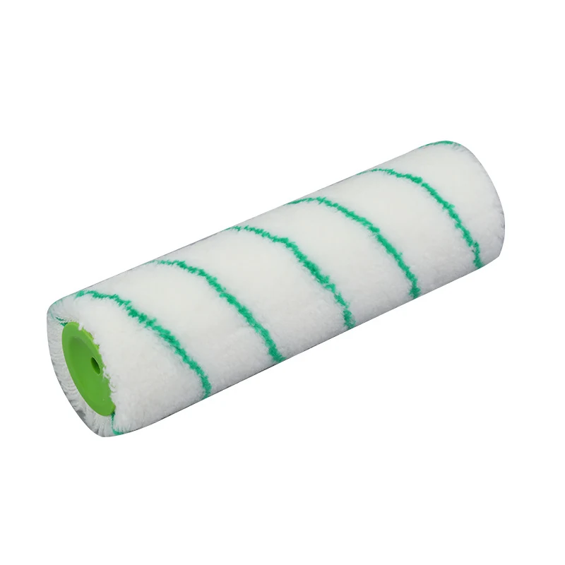 White fabric paint roller sleeve with green stripes and green plastic core end on white background