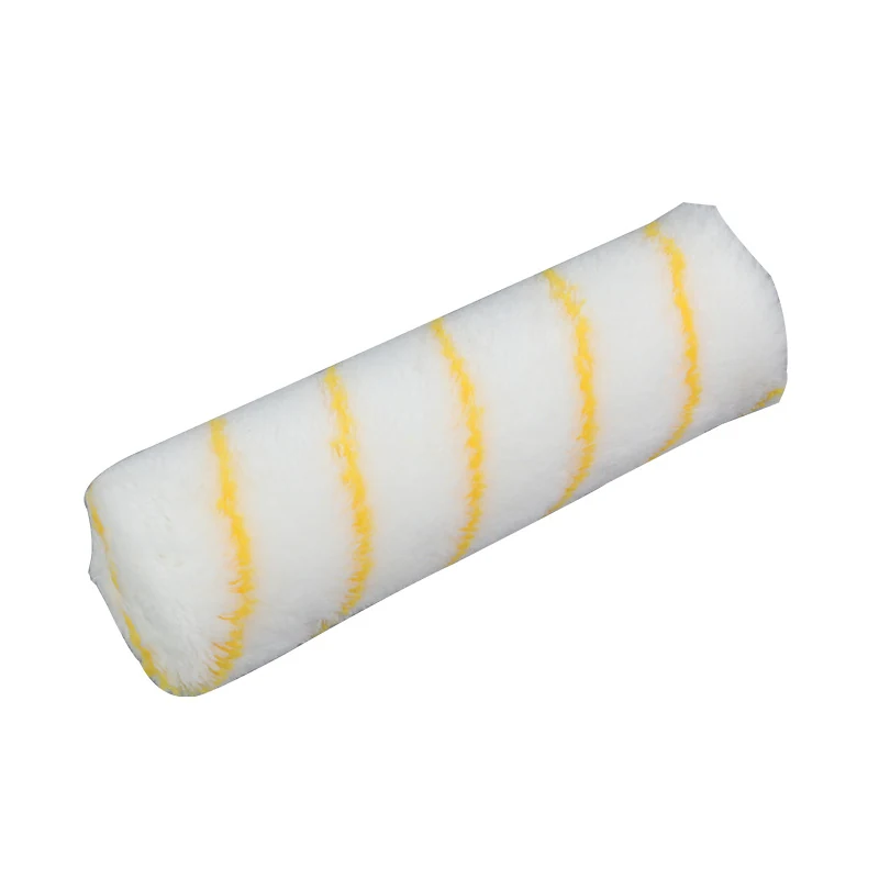 White fabric paint roller cover with yellow diagonal stripes on a plain white background