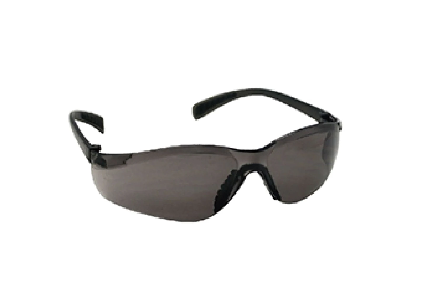 Dark-tinted wraparound safety glasses with black temples on a plain white background