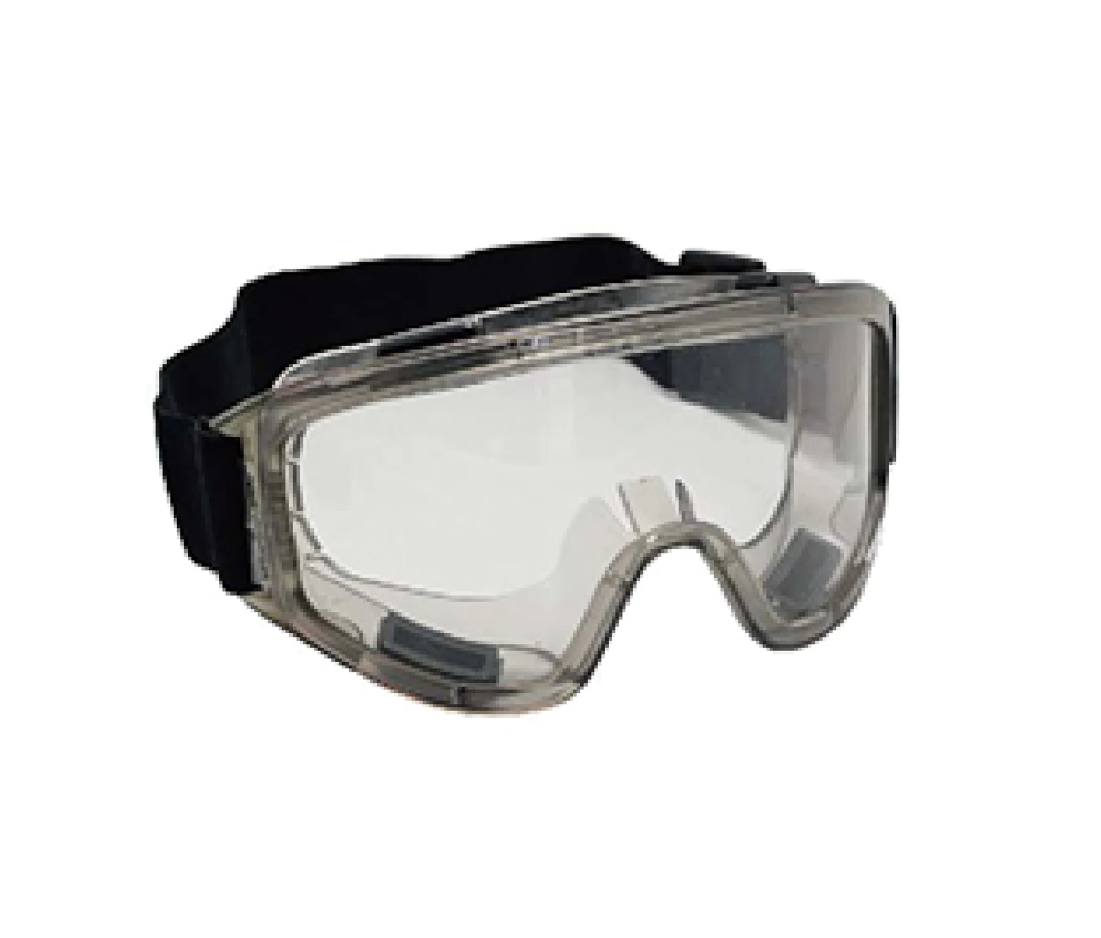 Clear-lens safety goggles with black elastic head strap on a plain white background