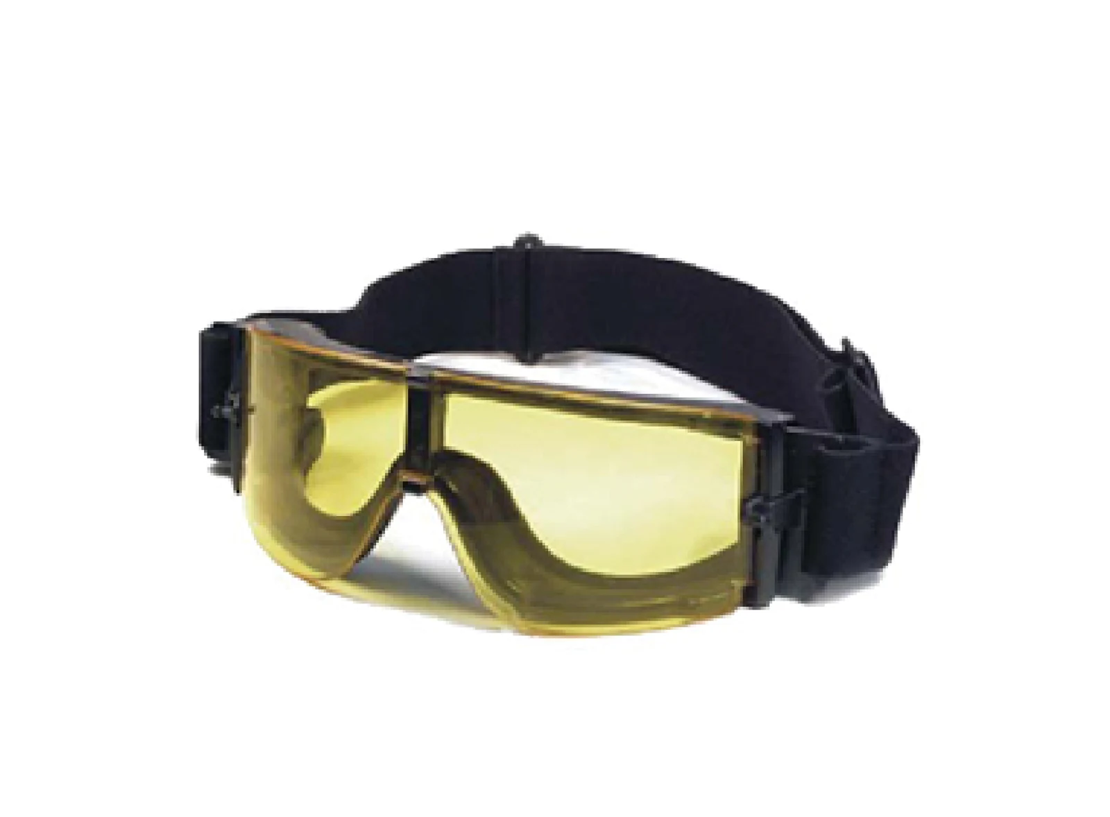 Amber lens safety goggles with low profile frame and wide adjustable head strap