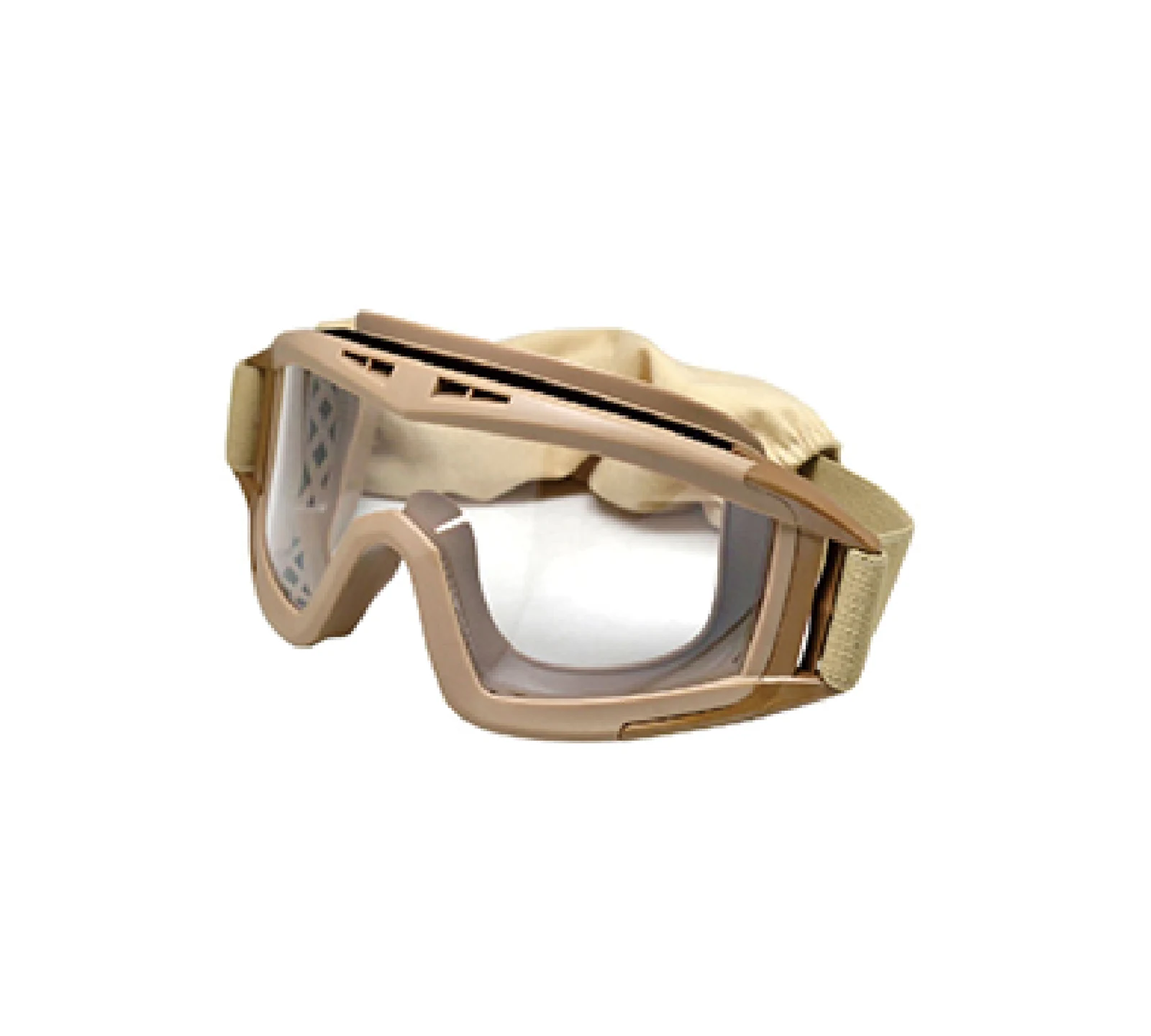 Pair of tan safety goggles with clear lenses and adjustable fabric strap on a white background