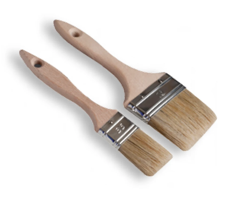 Two wooden-handled paintbrushes with natural bristles and metal ferrules on white background