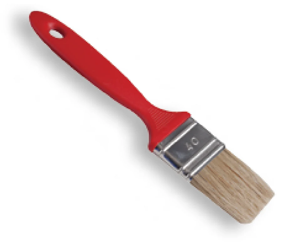 Paint brush with red plastic handle metal ferrule and natural bristle filaments