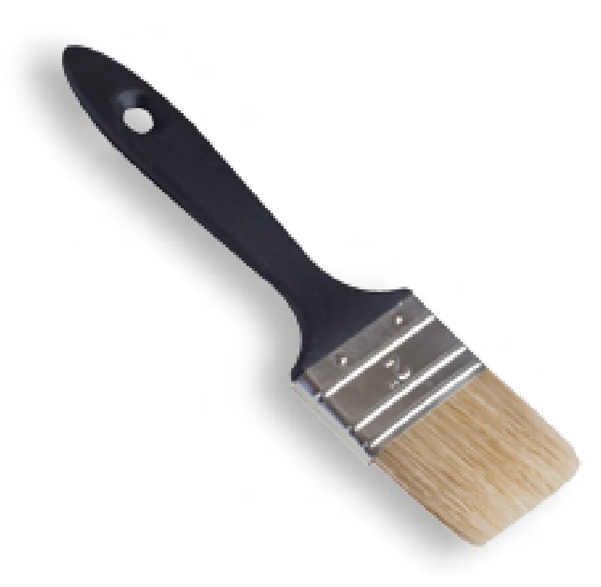 Paint brush with black plastic handle, metal ferrule and natural bristles against white background