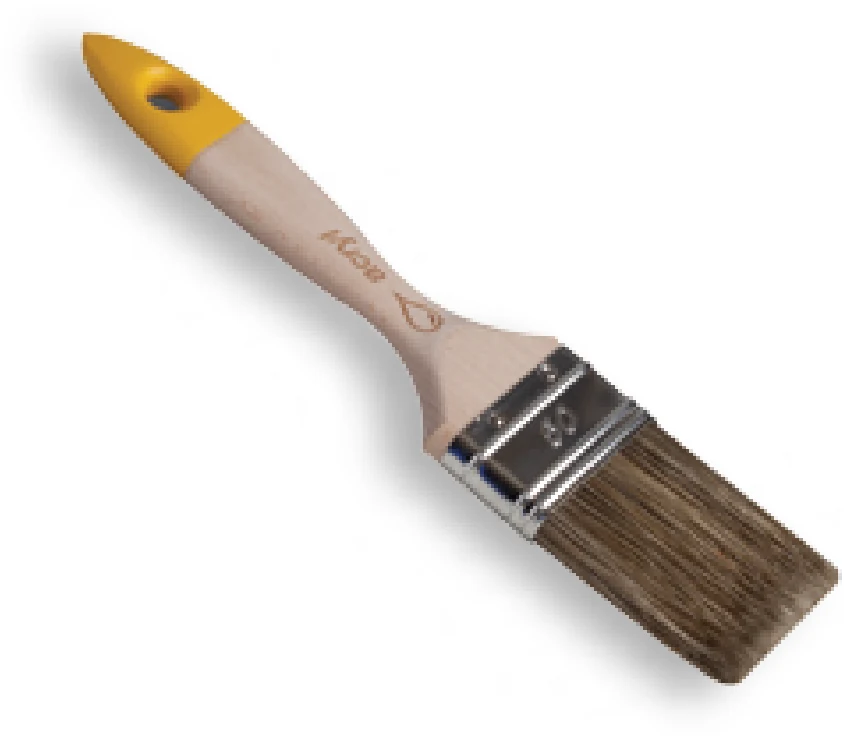 Paintbrush with wooden handle and yellow end cap on a white background