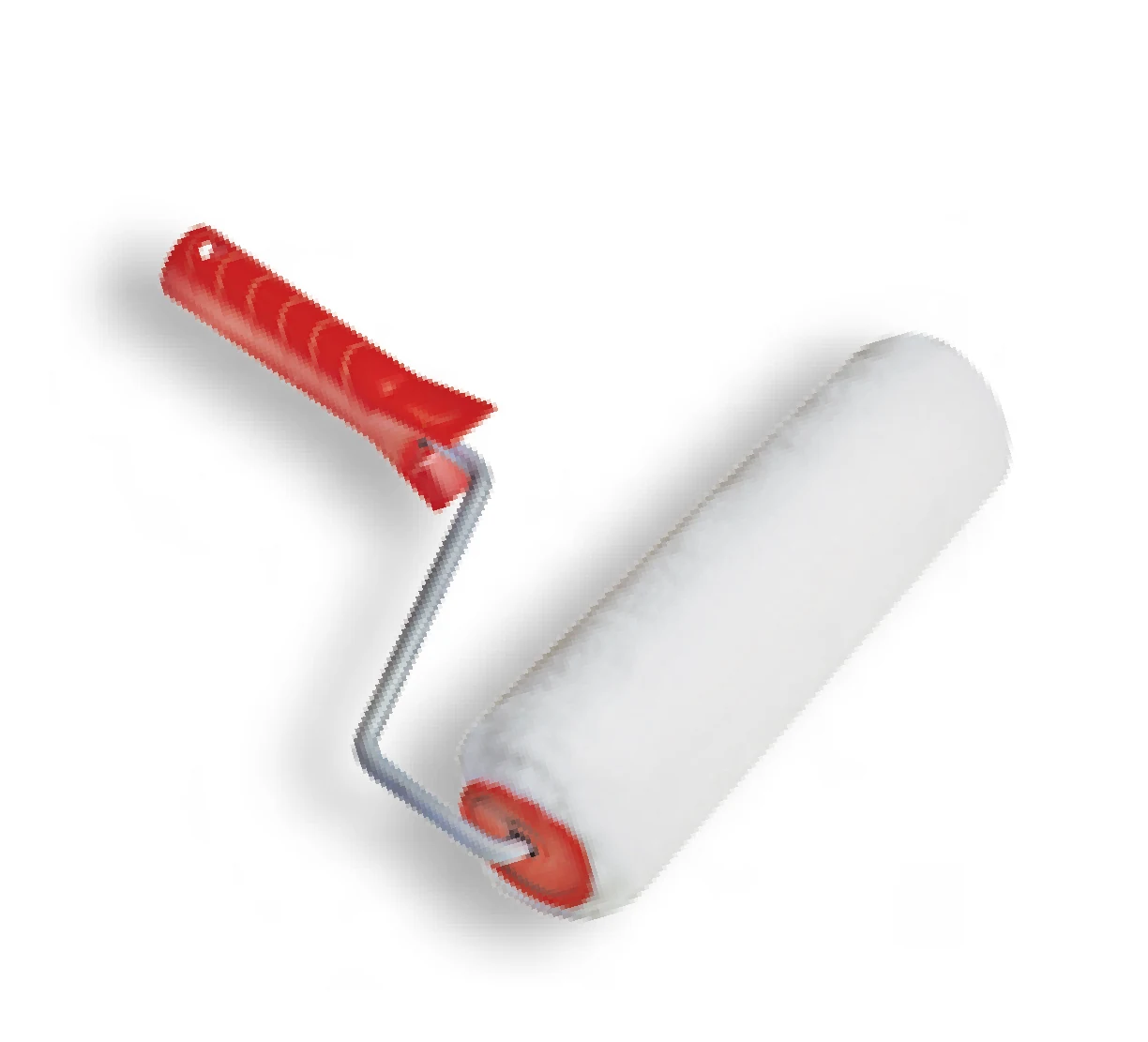 Paint roller with white fabric sleeve and red plastic handle on white background