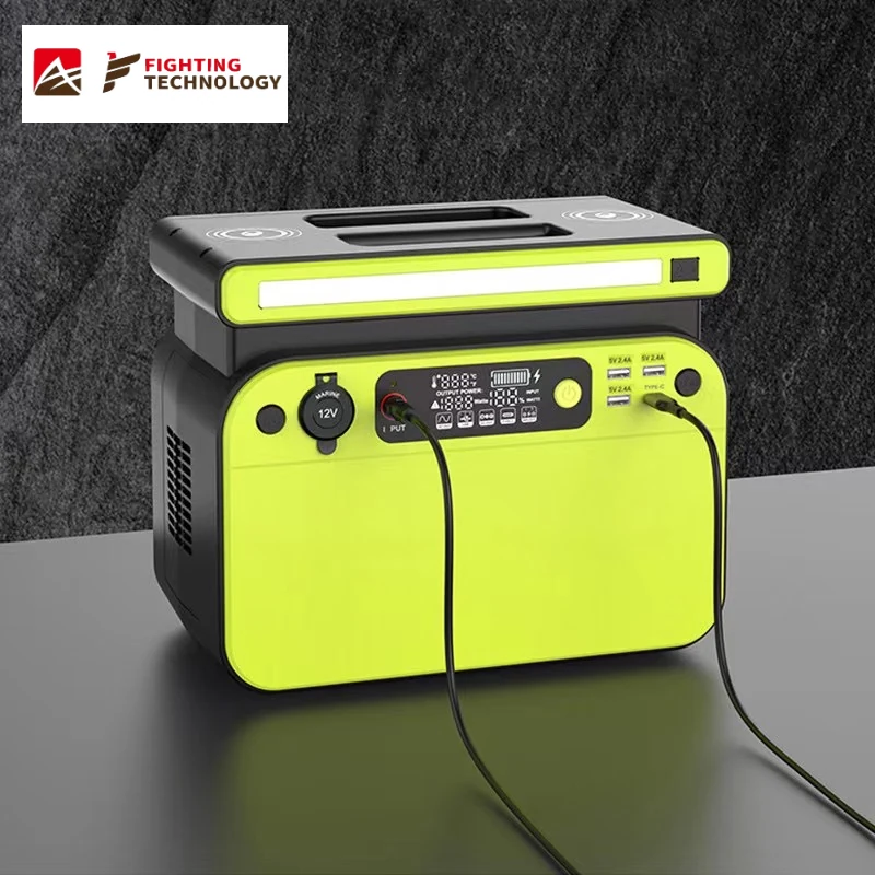 Lime green and black portable power station with digital display and cables