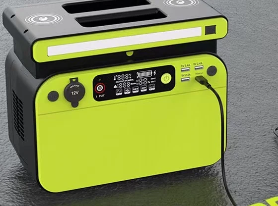 Lime green portable power station charging a laptop with text overlay