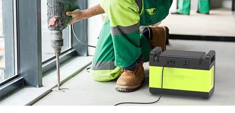 Collage showing yellow and black portable power station powering a demolition hammer and beside a drone, bicycle and desk