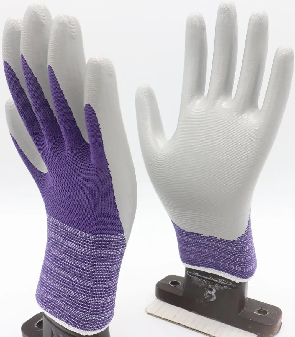 Purple and white palm coated knit work gloves shown side by side