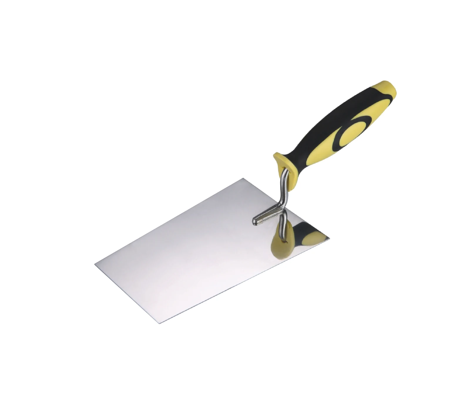 Stainless steel bucket trowel with black and yellow soft grip handle