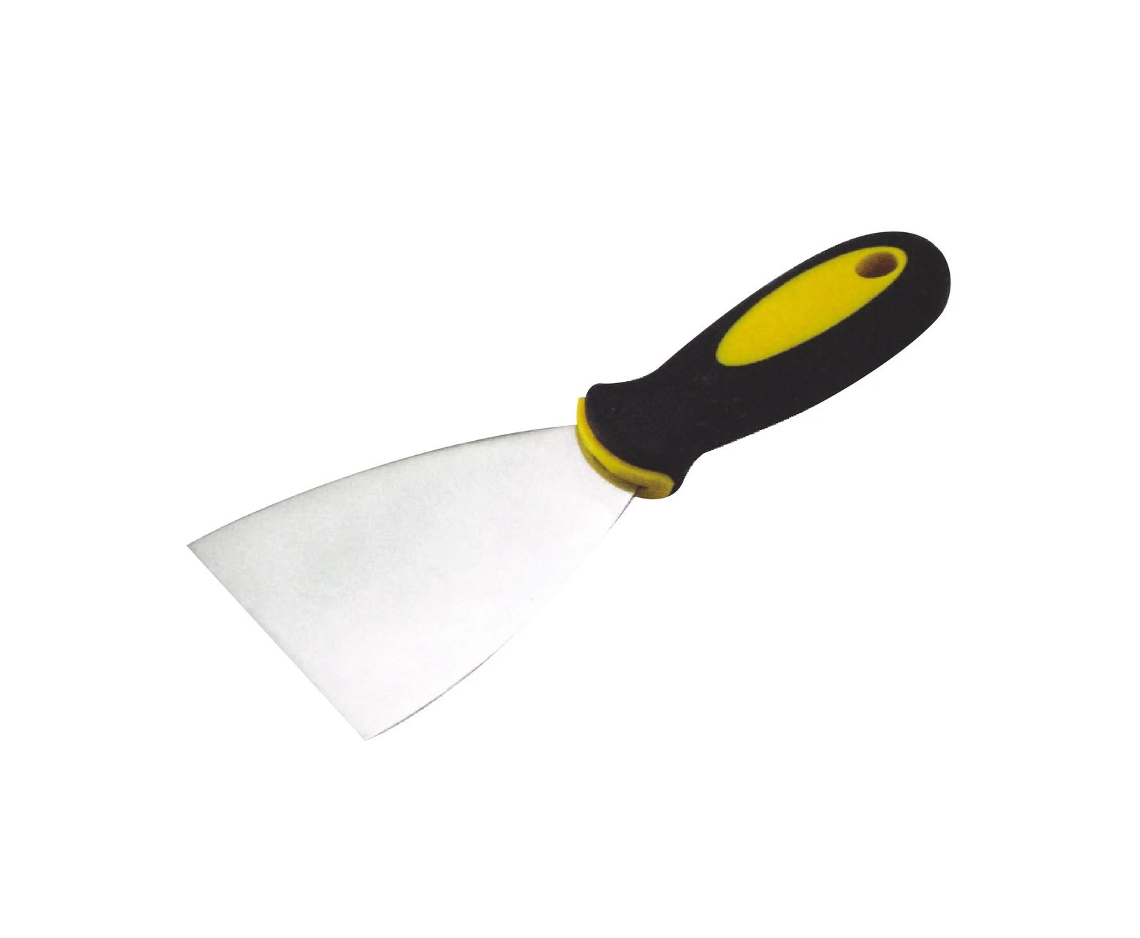 Stainless steel putty knife scraper with black and yellow ergonomic handle on white background
